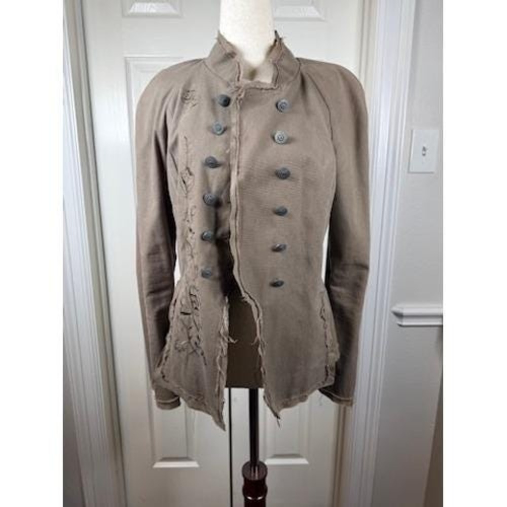 Lulu & Veronica Khaki Military Style Jacket Embroidered Distressed Tan‎ Womens M